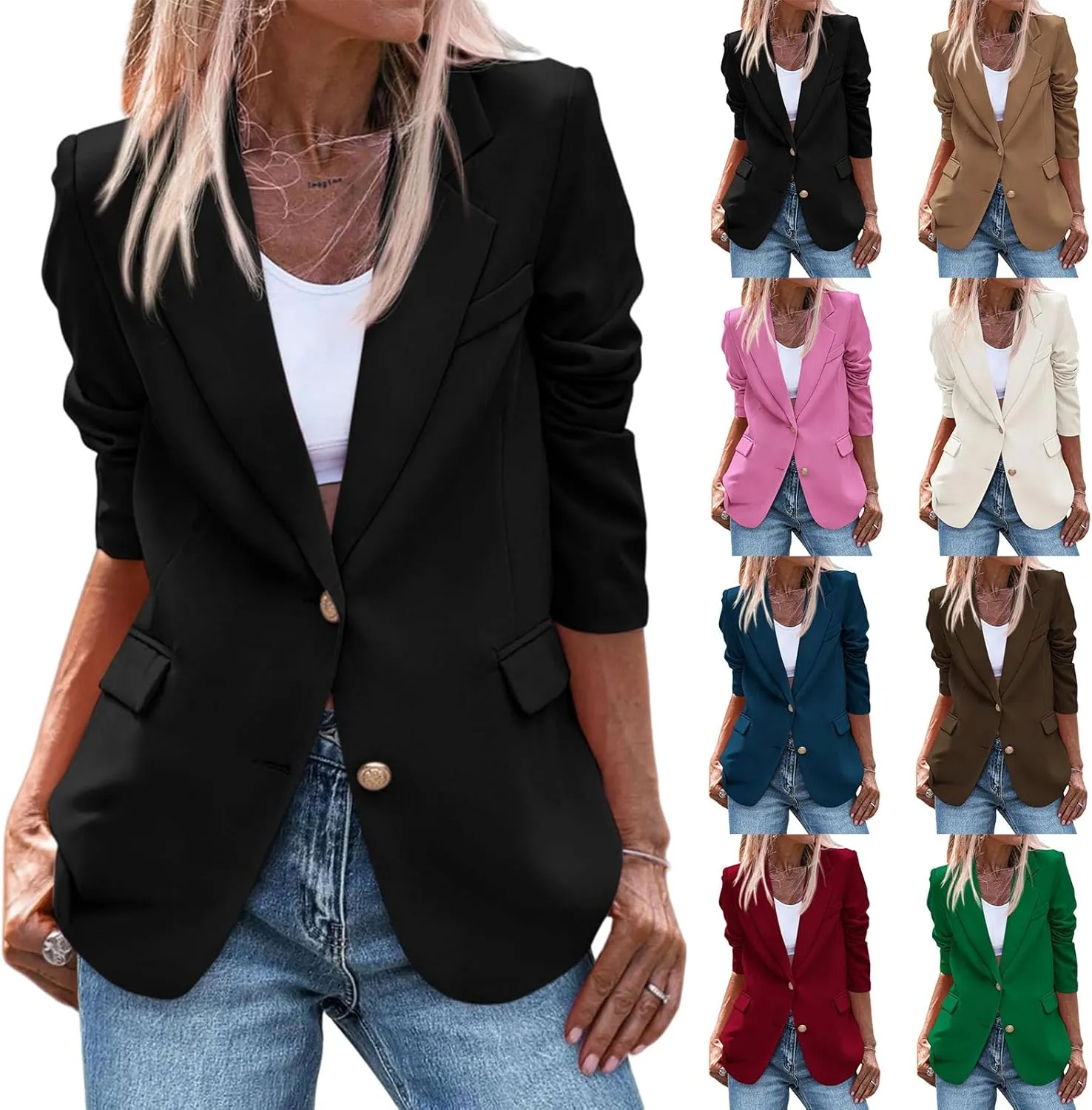 Womens Casual Blazer Business Dressy Jacket Long Sleeve Open Front Blazers Lapel Button Suit Jackets with Pockets