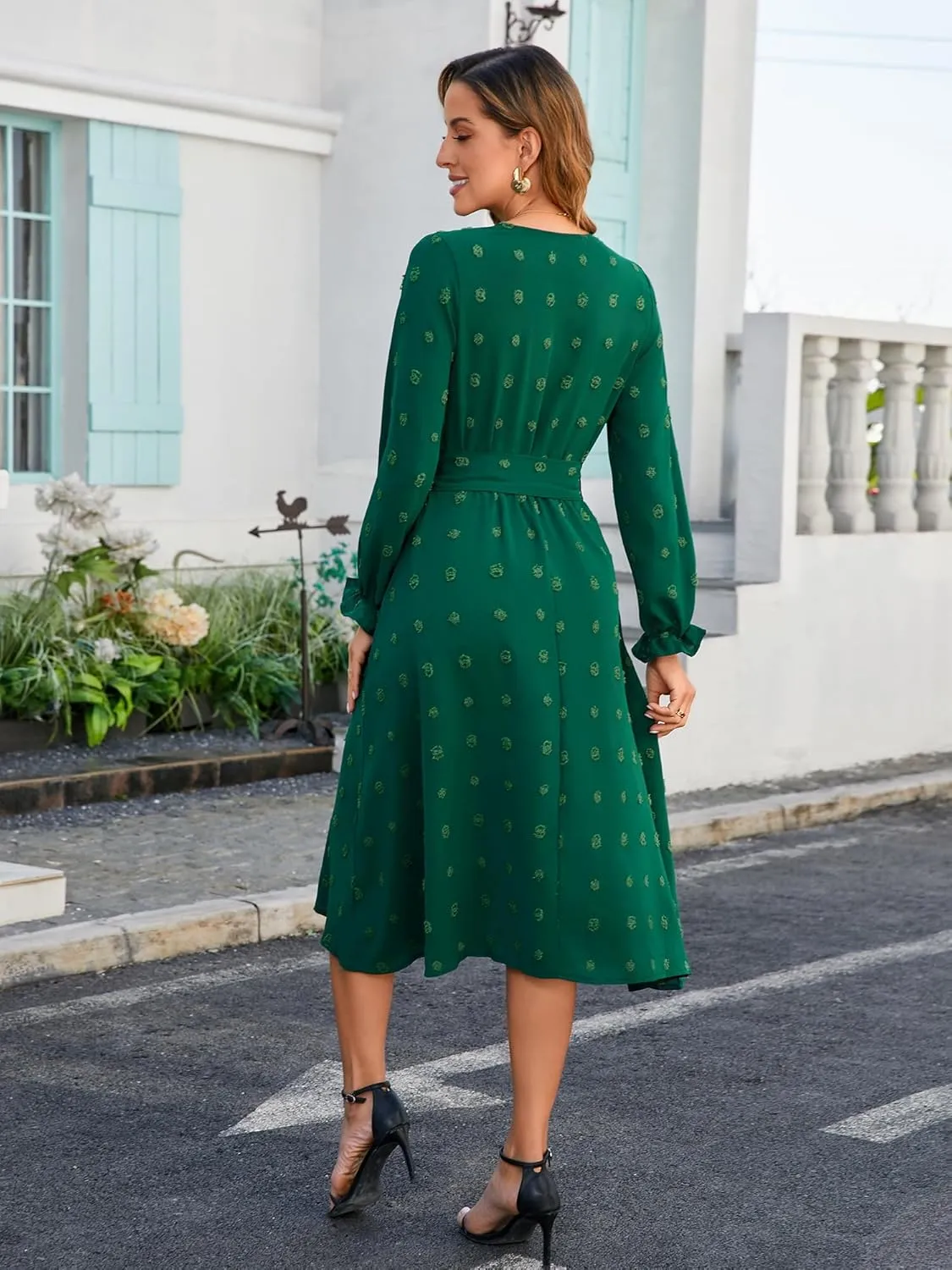 Women's Casual Dress Long Sleeve Swiss Dot Long Flowy A Line Boho Dresses with Belt