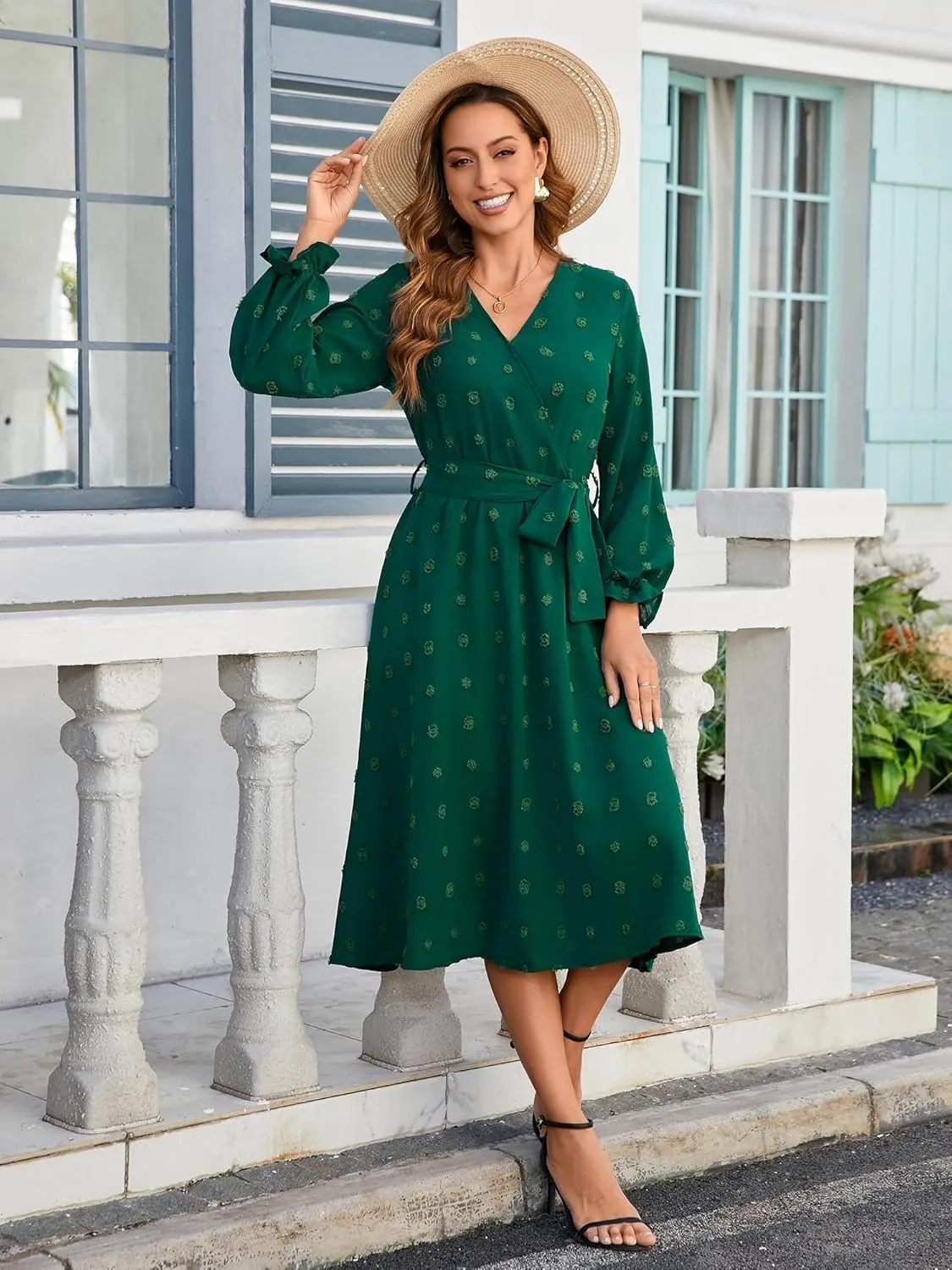 Women's Casual Dress Long Sleeve Swiss Dot Long Flowy A Line Boho Dresses with Belt