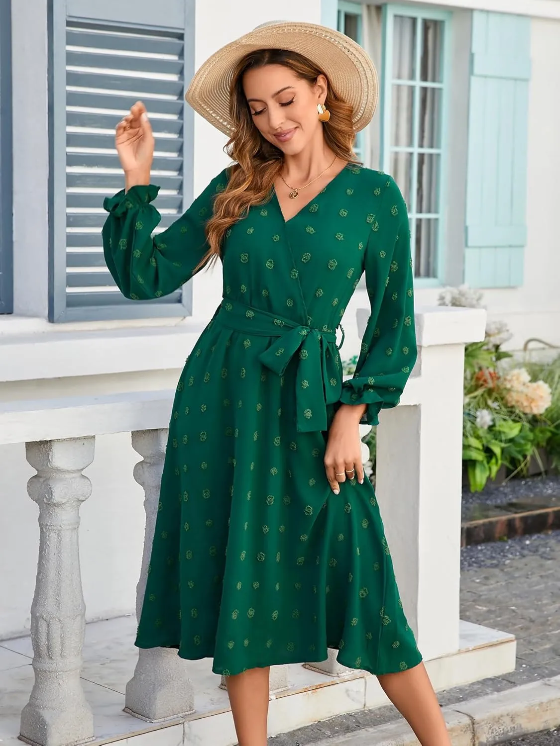 Women's Casual Dress Long Sleeve Swiss Dot Long Flowy A Line Boho Dresses with Belt