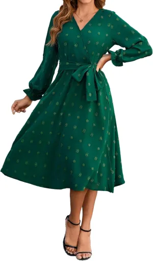 Women's Casual Dress Long Sleeve Swiss Dot Long Flowy A Line Boho Dresses with Belt