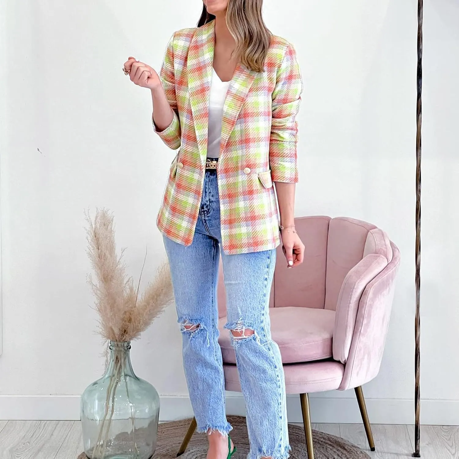 Womens Casual Light Weight Thin Jacket Slim Coat Long Sleeve Blazer Office Business Coats Plaid Down Lightweight Women