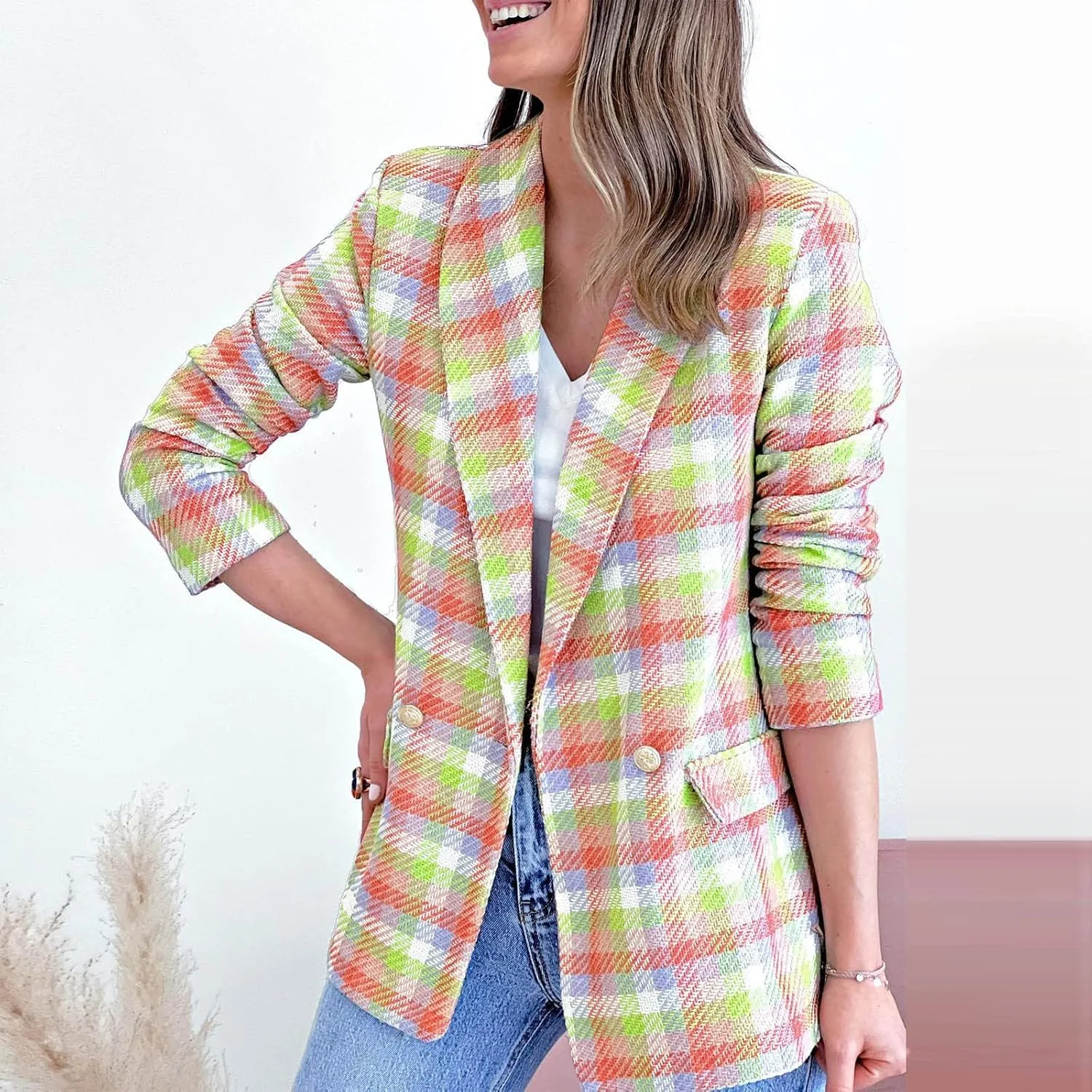 Womens Casual Light Weight Thin Jacket Slim Coat Long Sleeve Blazer Office Business Coats Plaid Down Lightweight Women