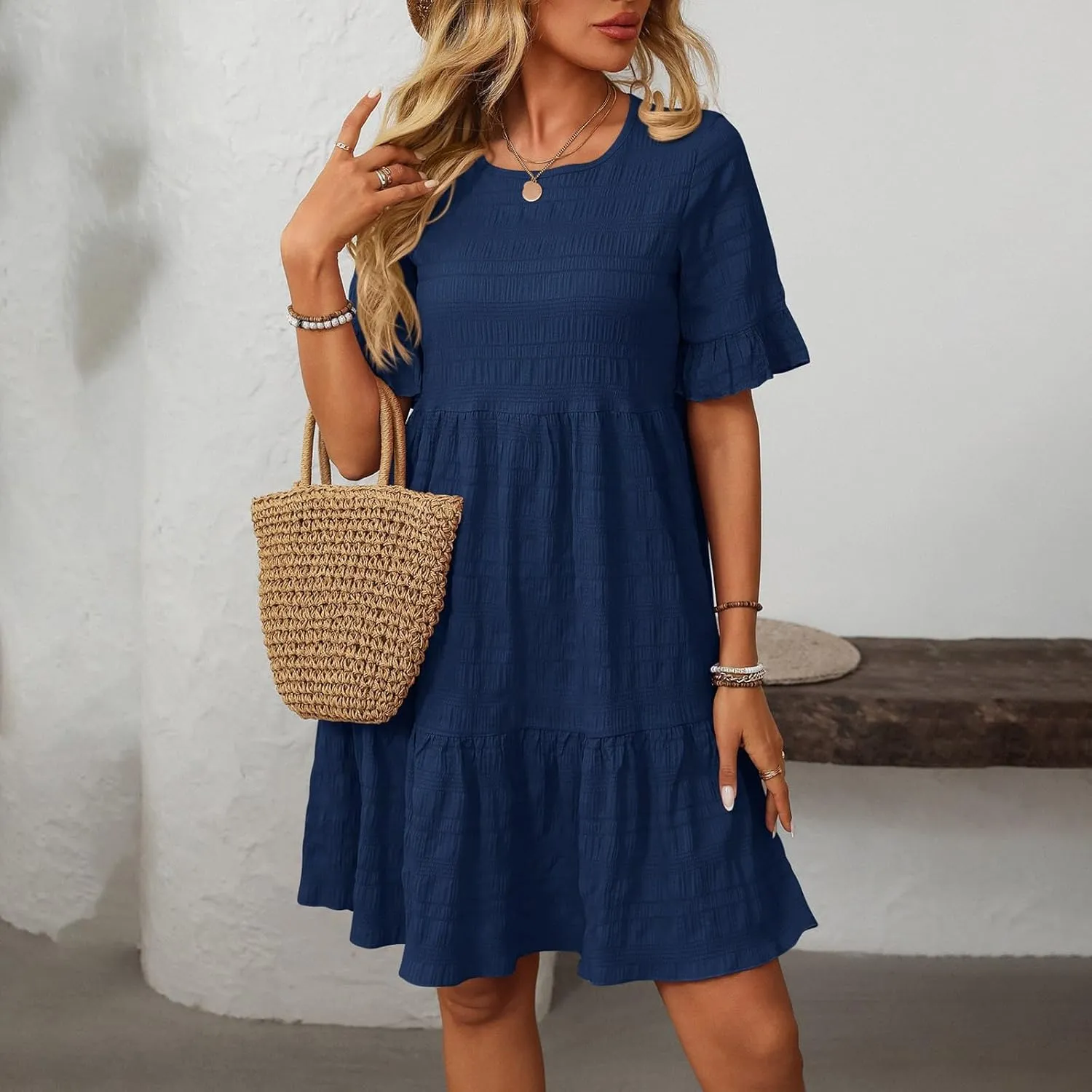 Women's Casual Summer T Shirt Dresses Short Sleeve Round Neck Loose Flowy Ruffle Tiered Cotton Linen Babydoll Dress