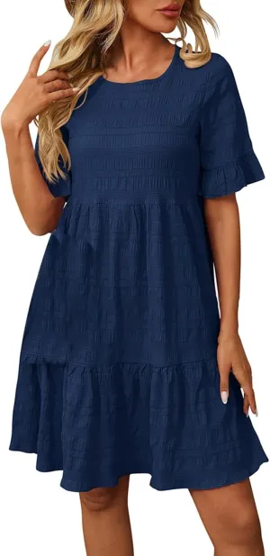 Women's Casual Summer T Shirt Dresses Short Sleeve Round Neck Loose Flowy Ruffle Tiered Cotton Linen Babydoll Dress