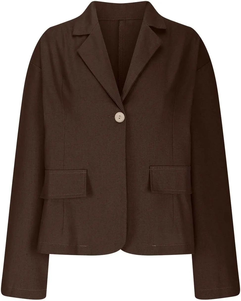 Women's Cotton Linen Blazer Long Sleeve Jacket Summer Lightweight Lapel Button Suit Ladies Business Casual Clothes