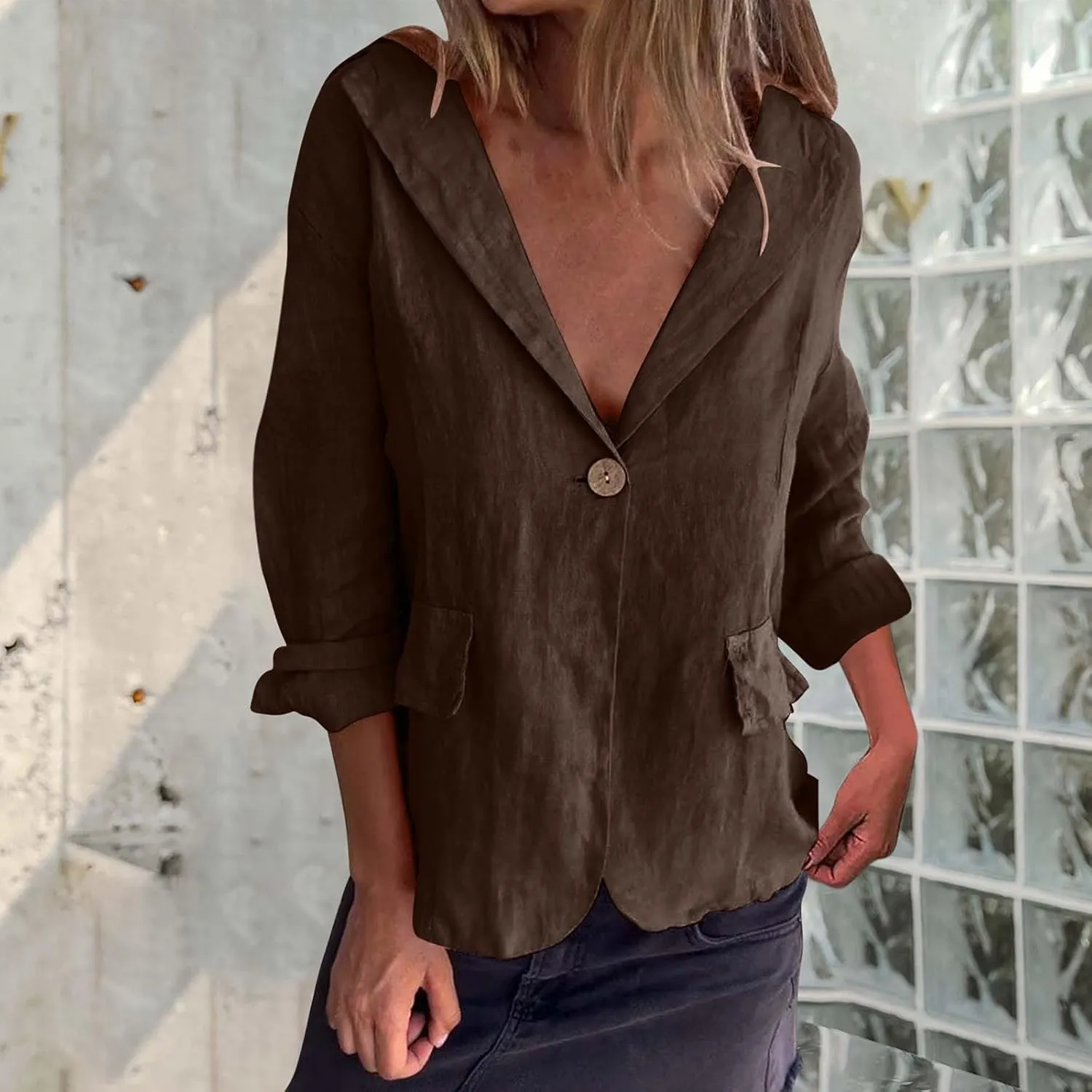Women's Cotton Linen Blazer Long Sleeve Jacket Summer Lightweight Lapel Button Suit Ladies Business Casual Clothes