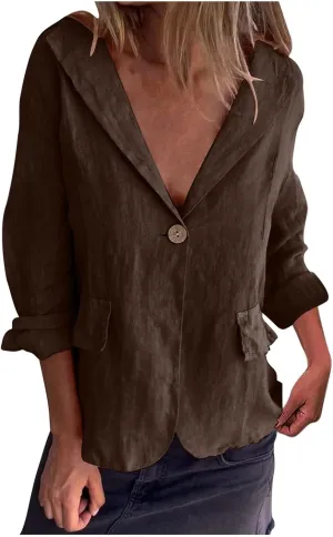 Women's Cotton Linen Blazer Long Sleeve Jacket Summer Lightweight Lapel Button Suit Ladies Business Casual Clothes