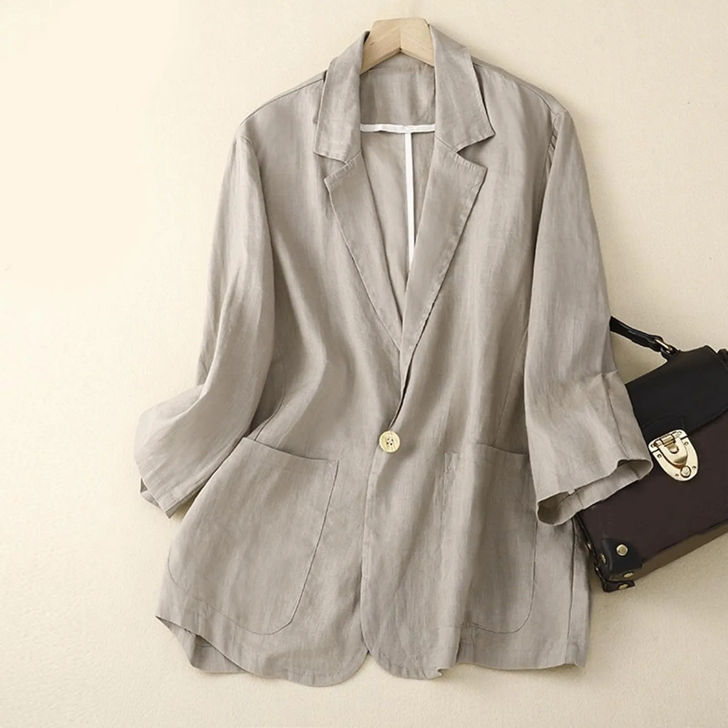 Womens Cotton Linen Blazer Shirts Casual Lightweight Long Sleeve Small Suit Top 2024 Open Front Cardigans with Pocket
