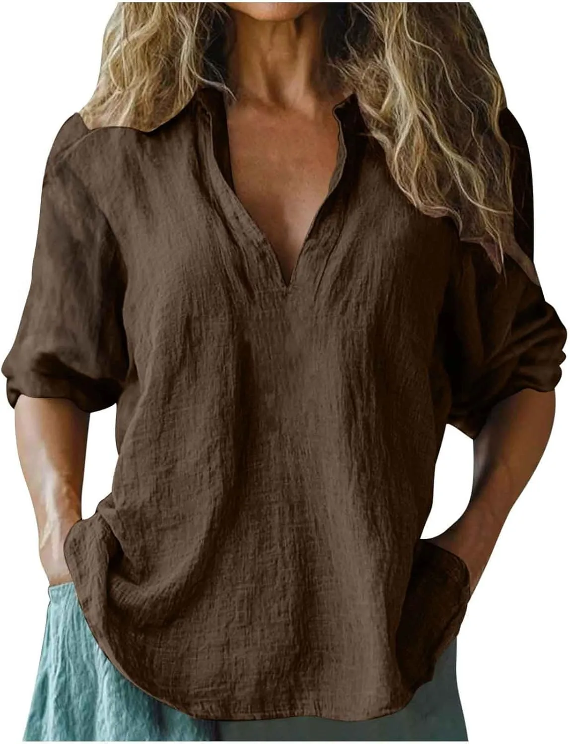 Women's Cotton Linen V Neck 3/4 Long Sleeve Solid Color Shirts Summer Fashion Casual Comfy Breathable Loose Tops