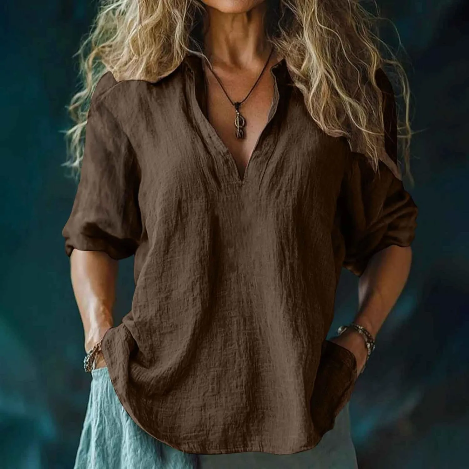 Women's Cotton Linen V Neck 3/4 Long Sleeve Solid Color Shirts Summer Fashion Casual Comfy Breathable Loose Tops