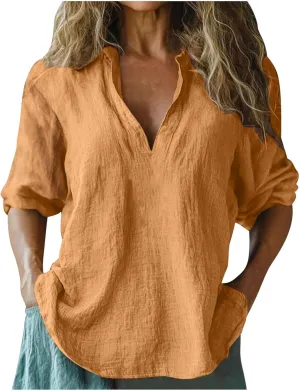 Women's Cotton Linen V Neck 3/4 Long Sleeve Solid Color Shirts Summer Fashion Casual Comfy Breathable Loose Tops