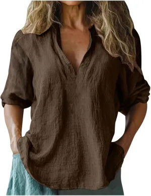 Women's Cotton Linen V Neck 3/4 Long Sleeve Solid Color Shirts Summer Fashion Casual Comfy Breathable Loose Tops