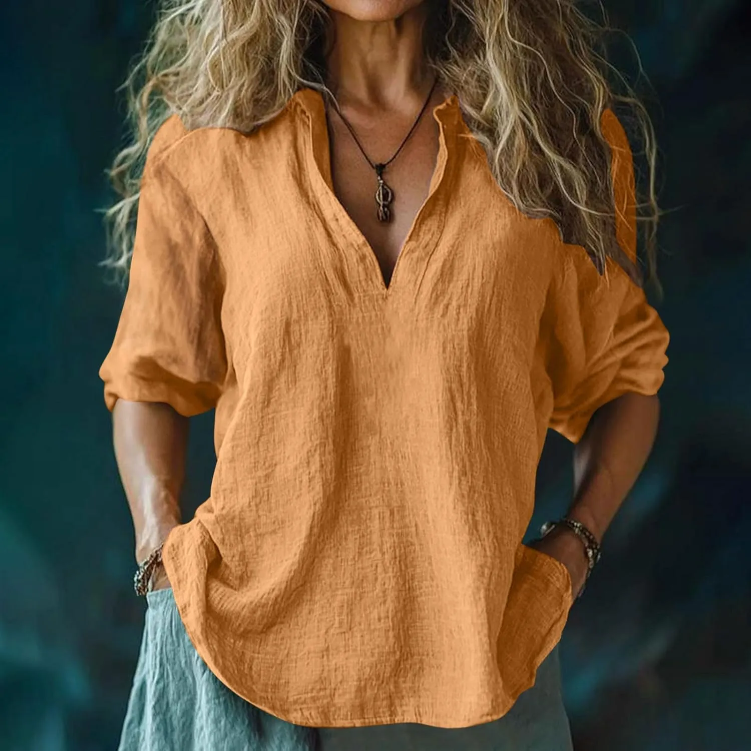 Women's Cotton Linen V Neck 3/4 Long Sleeve Solid Color Shirts Summer Fashion Casual Comfy Breathable Loose Tops