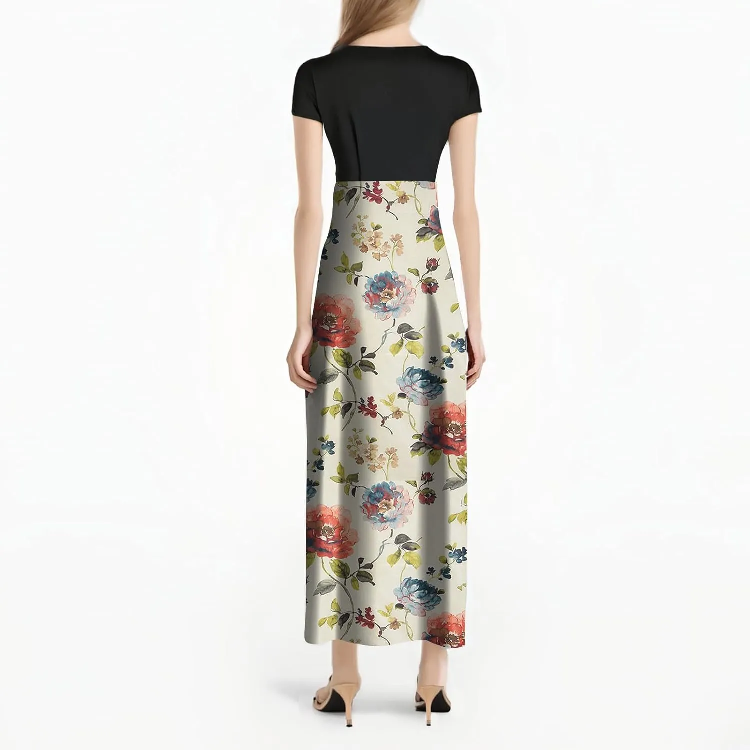 Women's Crew Neck Boho Maxi Dress Casual Elegant Short Sleeve Dress Floral Printed 2025 Spring Summer Dresses
