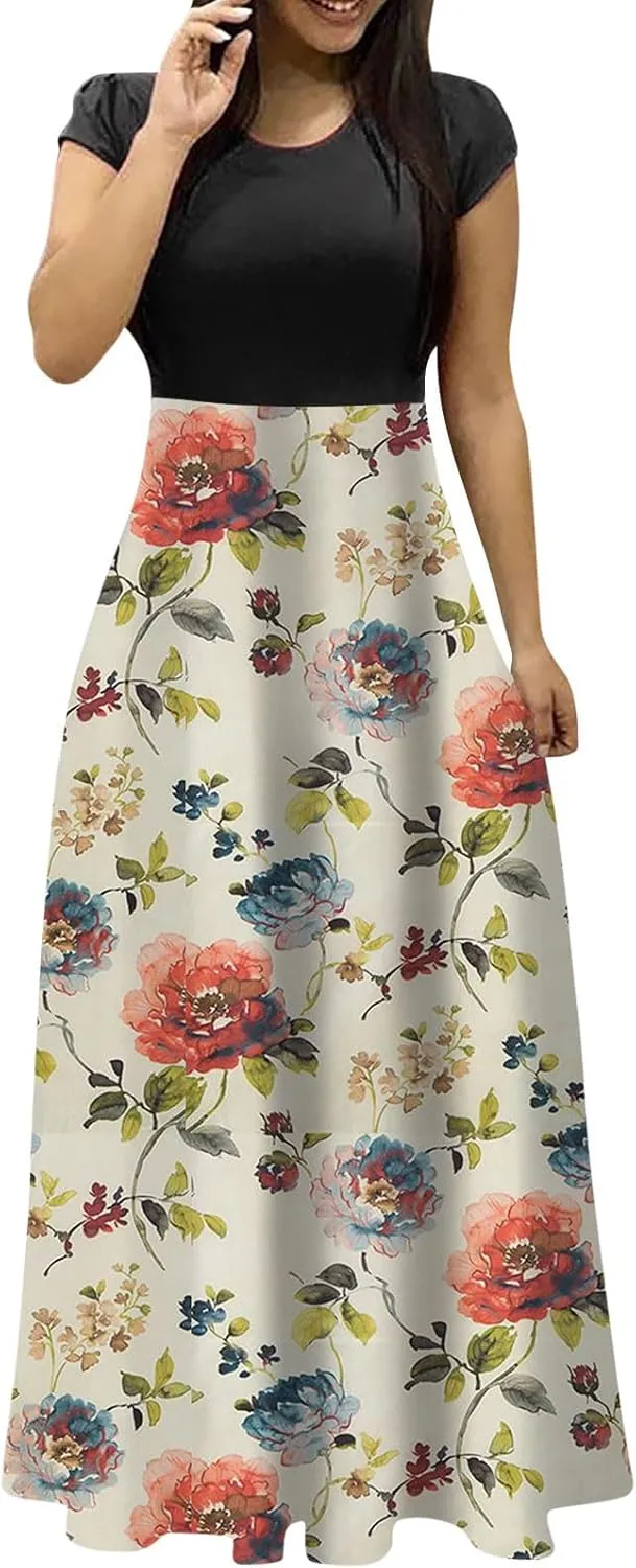 Women's Crew Neck Boho Maxi Dress Casual Elegant Short Sleeve Dress Floral Printed 2025 Spring Summer Dresses