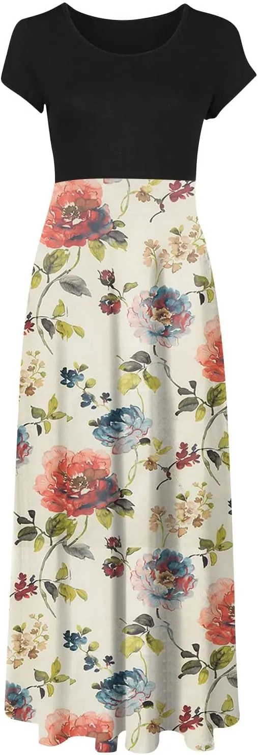 Women's Crew Neck Boho Maxi Dress Casual Elegant Short Sleeve Dress Floral Printed 2025 Spring Summer Dresses