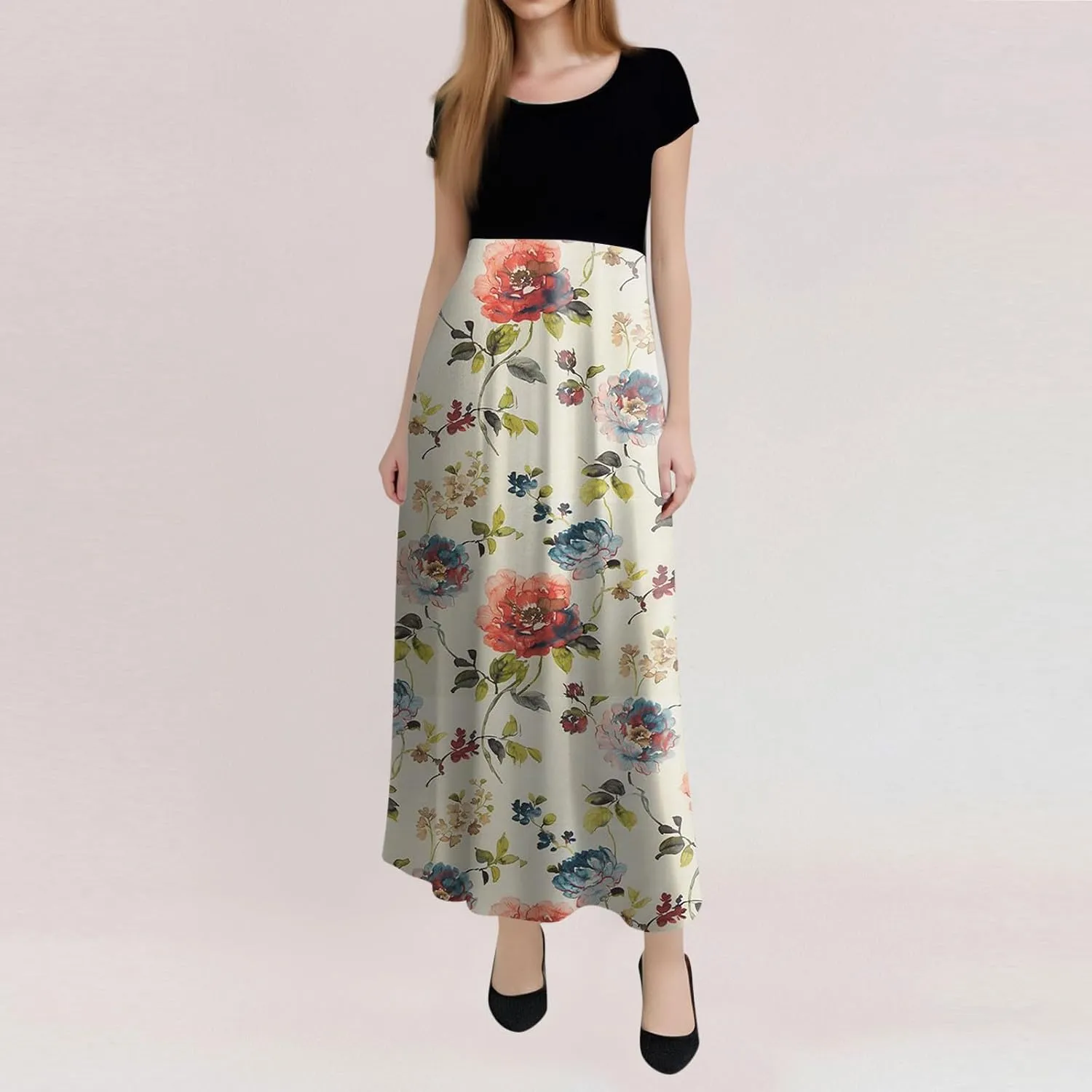 Women's Crew Neck Boho Maxi Dress Casual Elegant Short Sleeve Dress Floral Printed 2025 Spring Summer Dresses