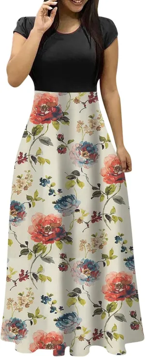 Women's Crew Neck Boho Maxi Dress Casual Elegant Short Sleeve Dress Floral Printed 2025 Spring Summer Dresses
