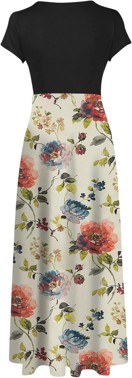 Women's Crew Neck Boho Maxi Dress Casual Elegant Short Sleeve Dress Floral Printed 2025 Spring Summer Dresses