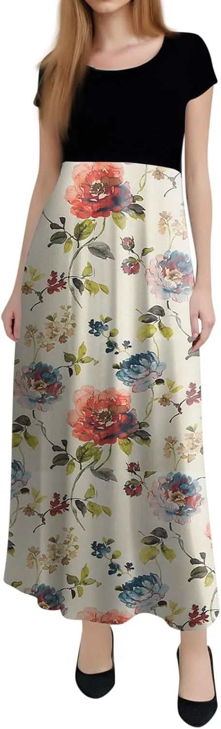 Women's Crew Neck Boho Maxi Dress Casual Elegant Short Sleeve Dress Floral Printed 2025 Spring Summer Dresses