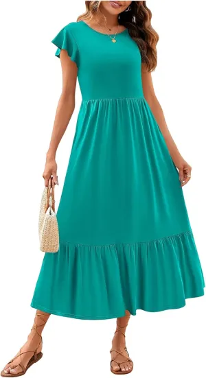 Womens Crew Neck Flutter Sleeve Boho Midi Dress Smocked A-Line Flowy Tiered Modest Midi Sundress