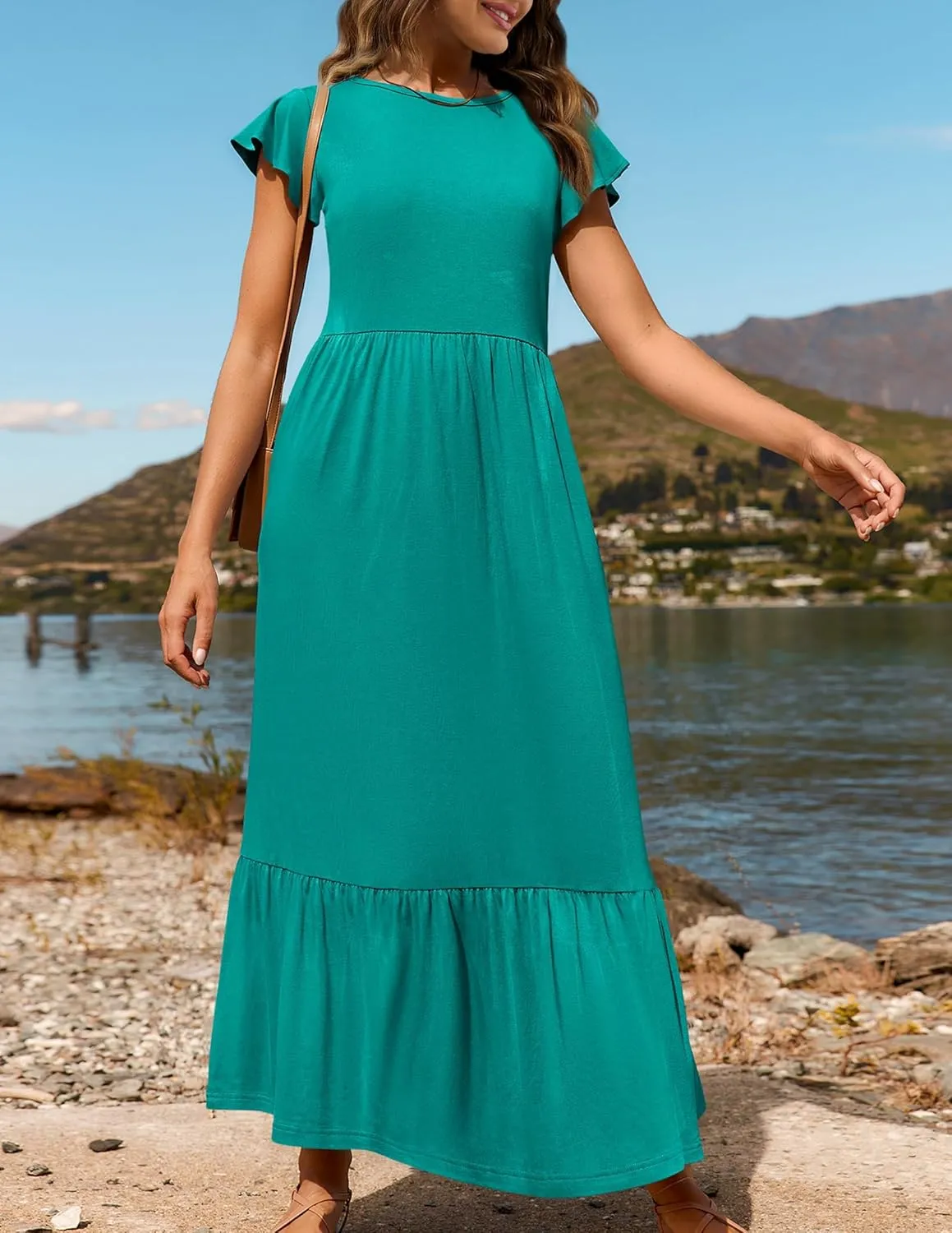 Womens Crew Neck Flutter Sleeve Boho Midi Dress Smocked A-Line Flowy Tiered Modest Midi Sundress