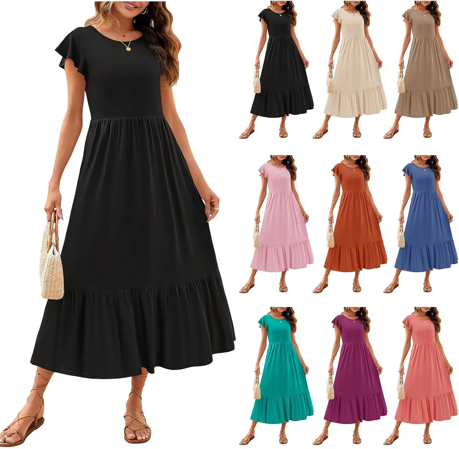Womens Crew Neck Flutter Sleeve Boho Midi Dress Smocked A-Line Flowy Tiered Modest Midi Sundress