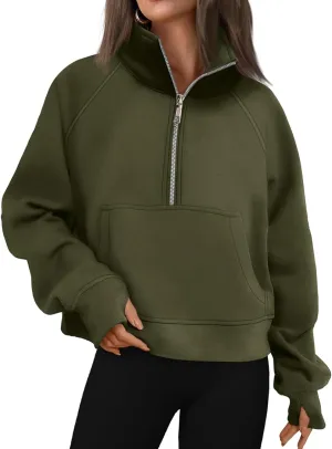 Womens Cropped Hoodies Oversized Quarter Zip Pullover Fleece Long Sleeve Fall Outfits Clothes Thumb Hole