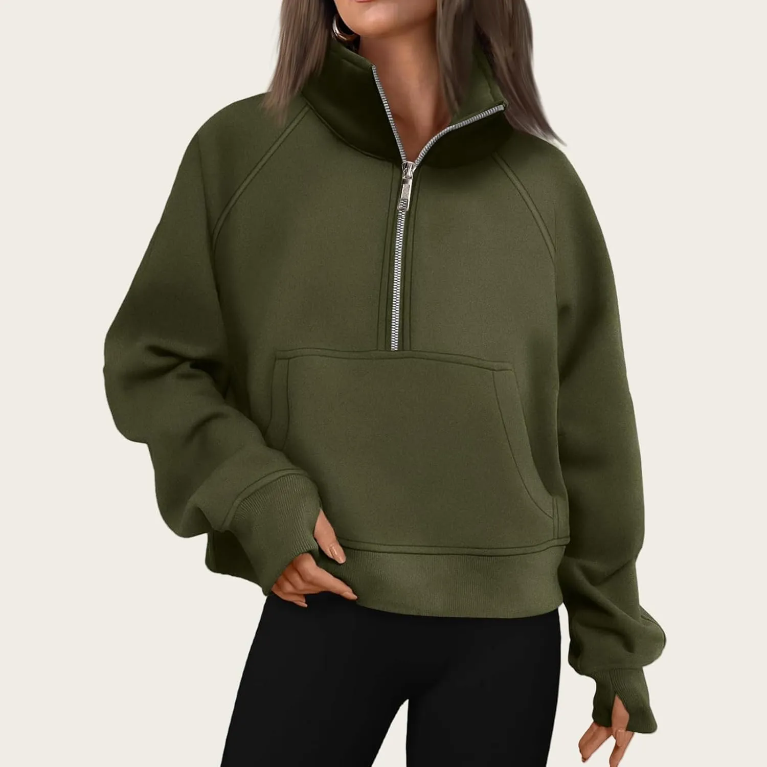 Womens Cropped Hoodies Oversized Quarter Zip Pullover Fleece Long Sleeve Fall Outfits Clothes Thumb Hole