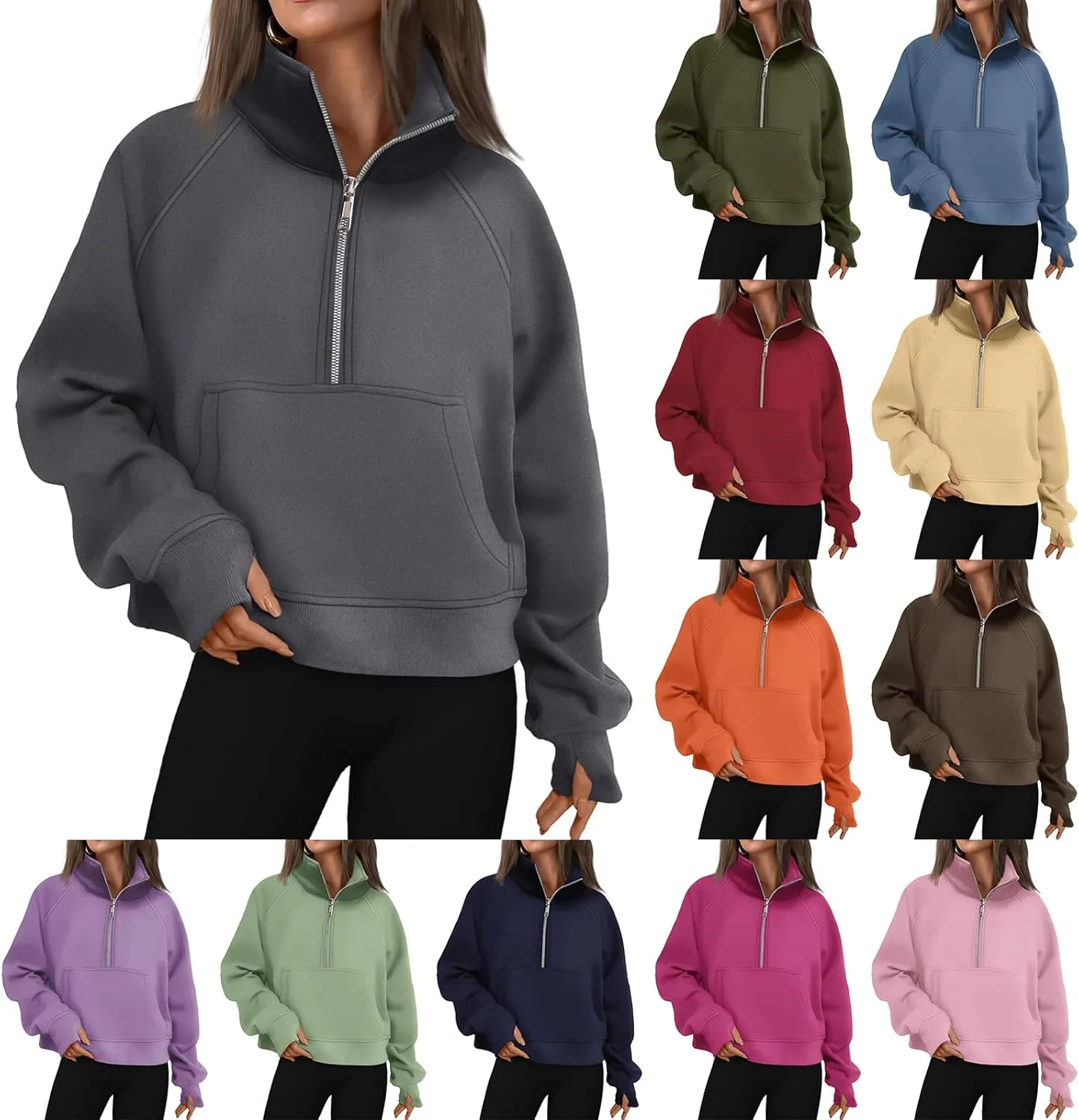 Womens Cropped Hoodies Oversized Quarter Zip Pullover Fleece Long Sleeve Fall Outfits Clothes Thumb Hole