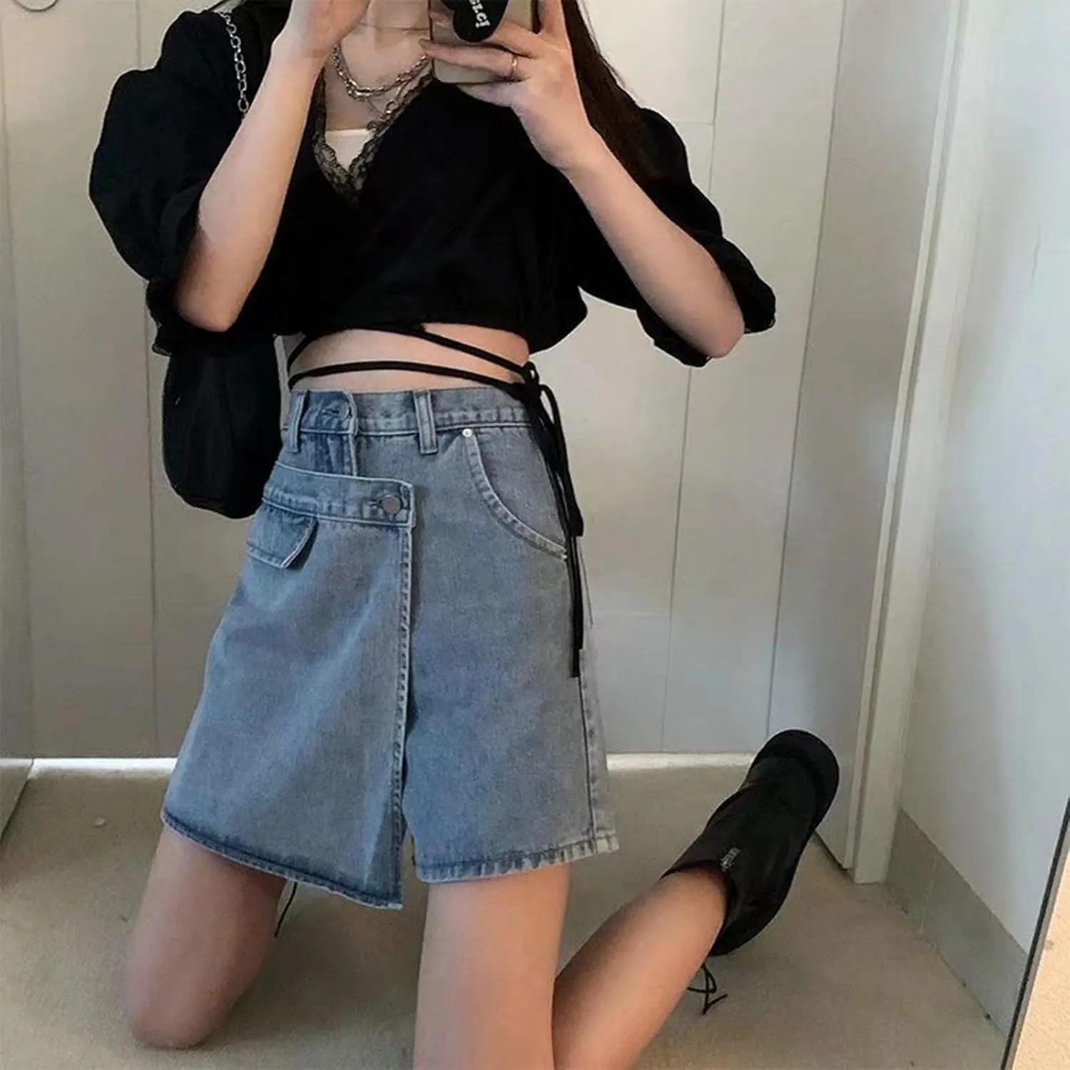 Women's Denim Skirt 2024 Summer Trendy A-Line Button Y2K Mini Casual Denim Skirt Cute Loose Vacation Jean Shorts for Women