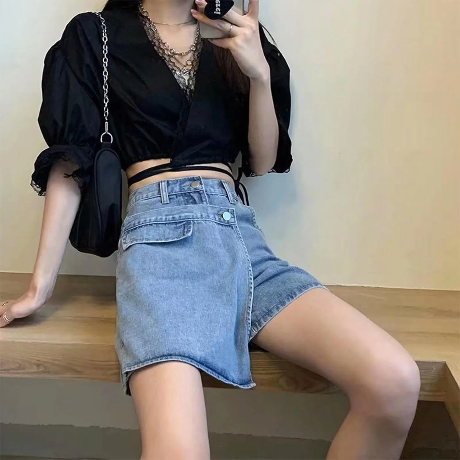 Women's Denim Skirt 2024 Summer Trendy A-Line Button Y2K Mini Casual Denim Skirt Cute Loose Vacation Jean Shorts for Women