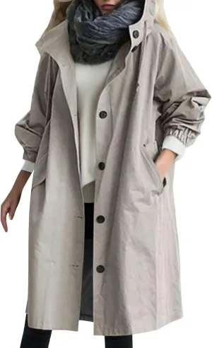 Women's Double Breasted Long Trench Coat Windproof Classic Lapel Slim Overcoat with Belt