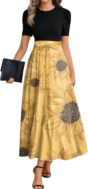 Womens Dress Summer Maxi Dresses Ruffle Hem Short Sleeve Dress Floral Vacation Wedding Guest Dresses with Belt