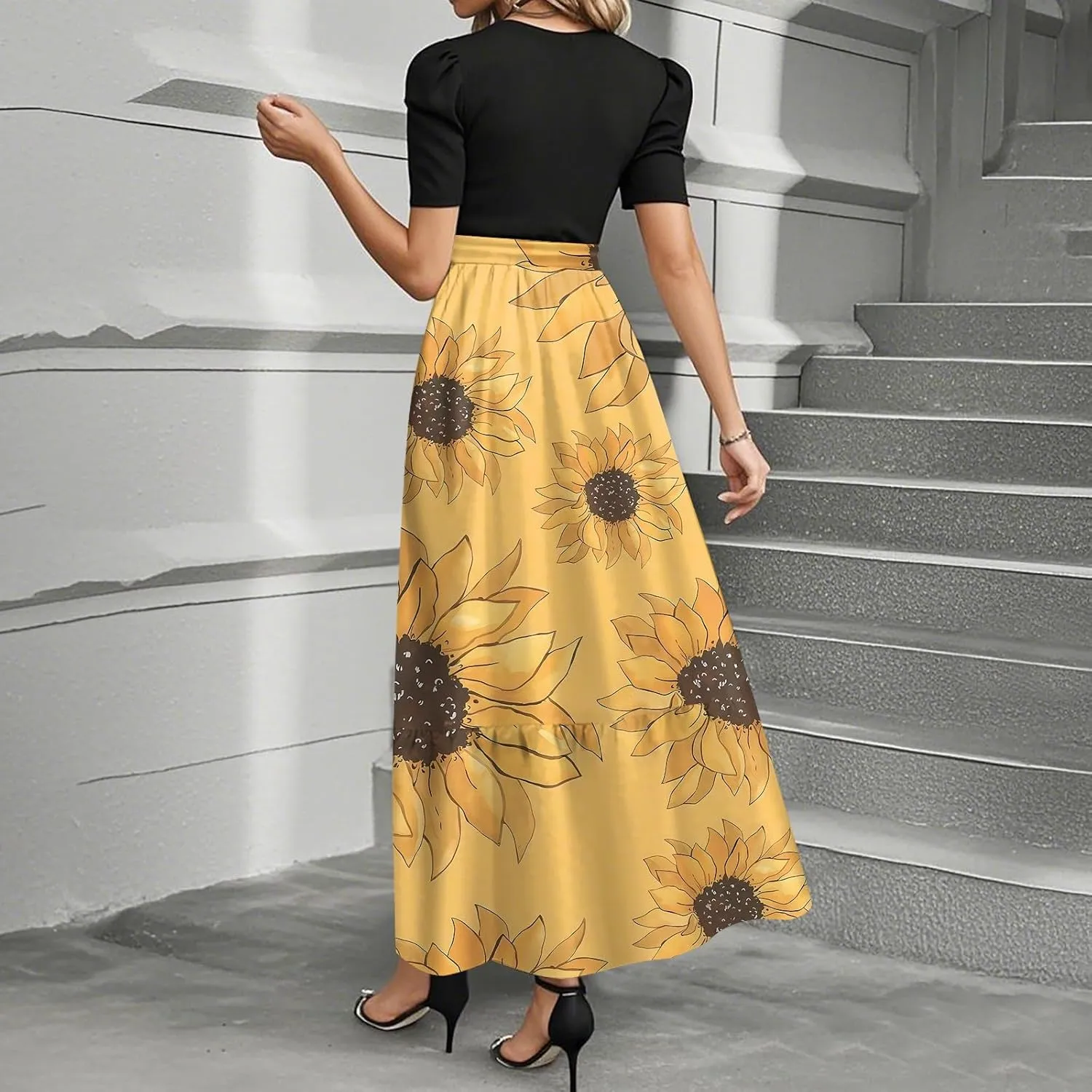 Womens Dress Summer Maxi Dresses Ruffle Hem Short Sleeve Dress Floral Vacation Wedding Guest Dresses with Belt