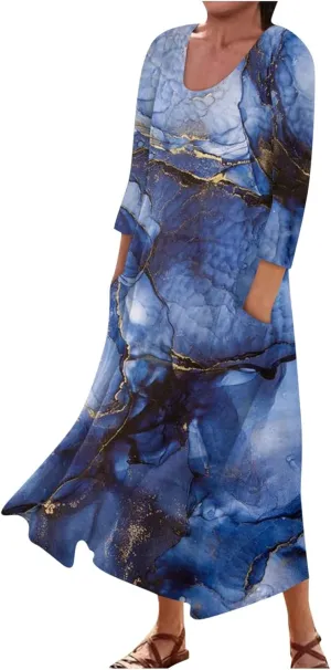 Womens Dresses Solid 3/4 Sleeve Maxi Dresses U Neck Boho Flowy Sundresses with Pocket Casual Beach Dress