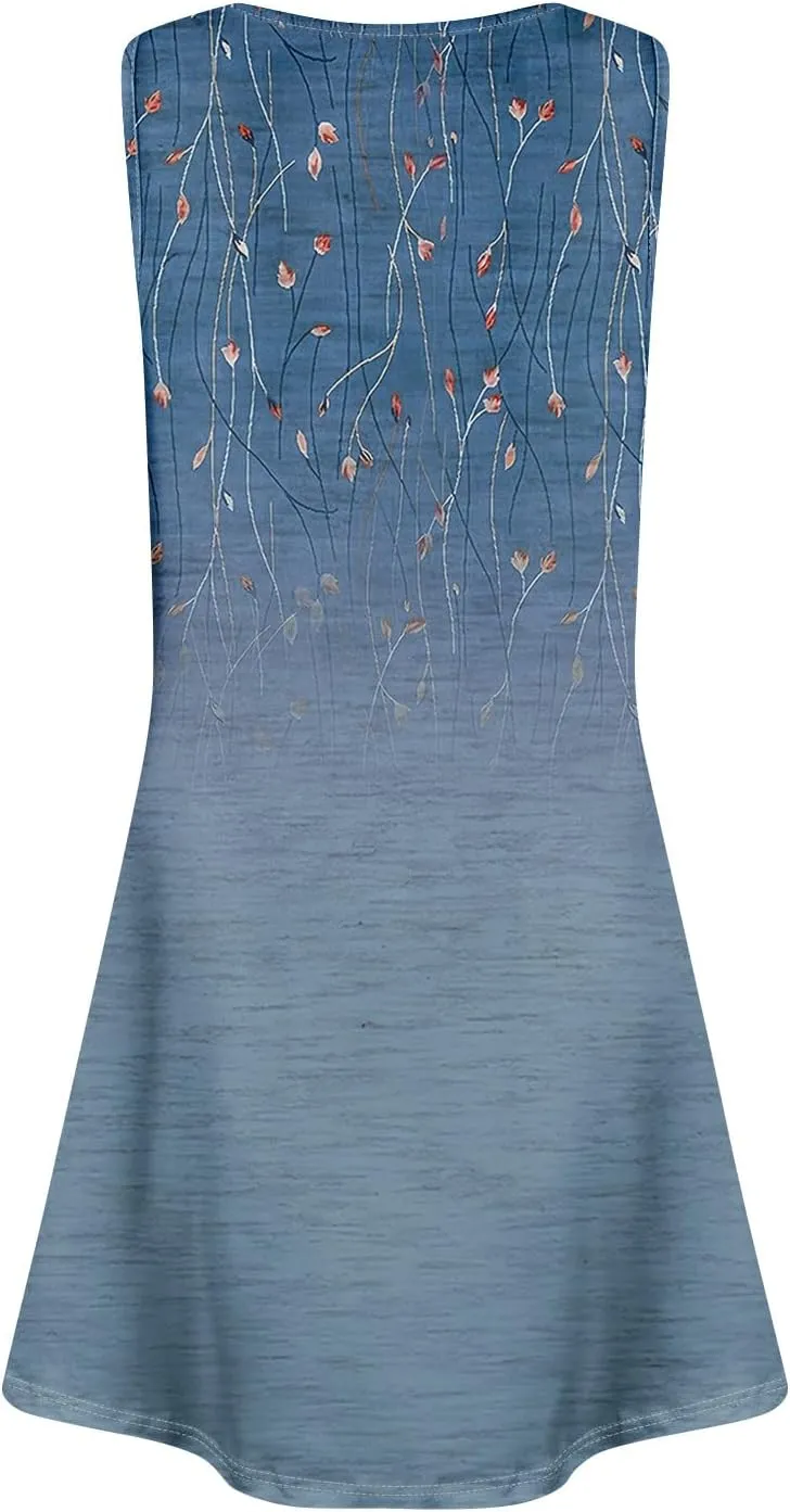 Womens Dresses Spring Tank Sundresses Cover Up Sleeveless Patterned Short Dresses Beach Summer Flowy Dress with Pocket