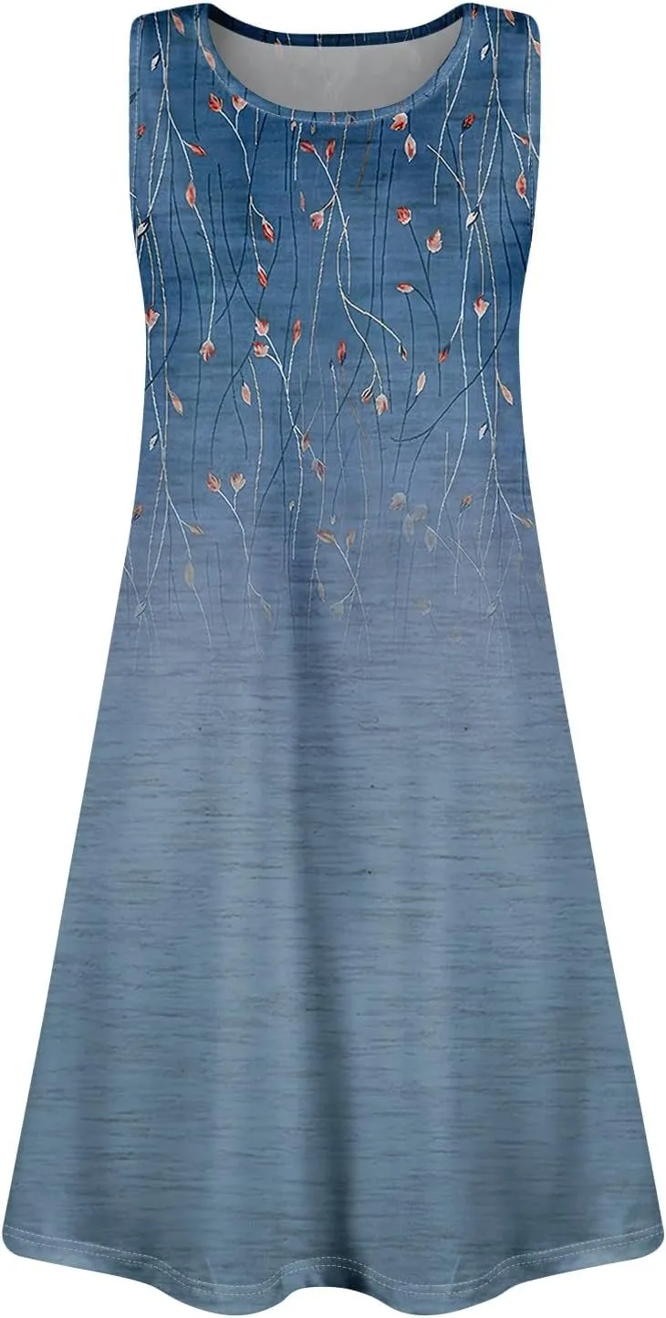 Womens Dresses Spring Tank Sundresses Cover Up Sleeveless Patterned Short Dresses Beach Summer Flowy Dress with Pocket