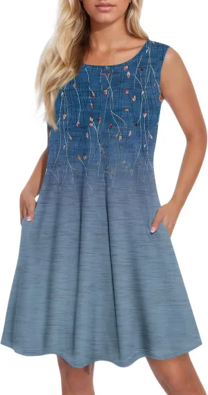 Womens Dresses Spring Tank Sundresses Cover Up Sleeveless Patterned Short Dresses Beach Summer Flowy Dress with Pocket