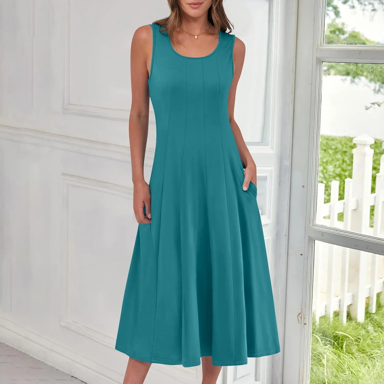 Womens Dresses Summer 2025 Empire Waist Sundresses Tank Dress Sleeveless Floral Dress Ruffle Dresses with Pockets