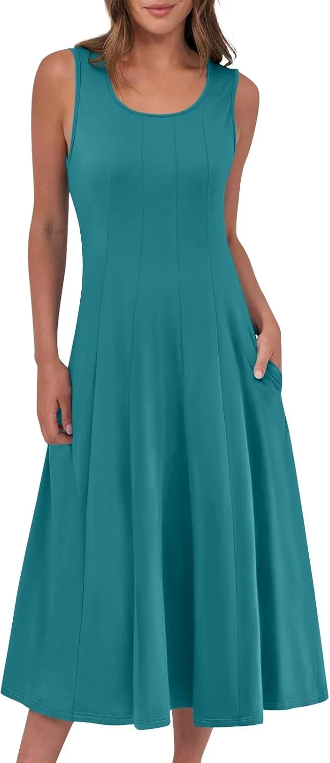 Womens Dresses Summer 2025 Empire Waist Sundresses Tank Dress Sleeveless Floral Dress Ruffle Dresses with Pockets