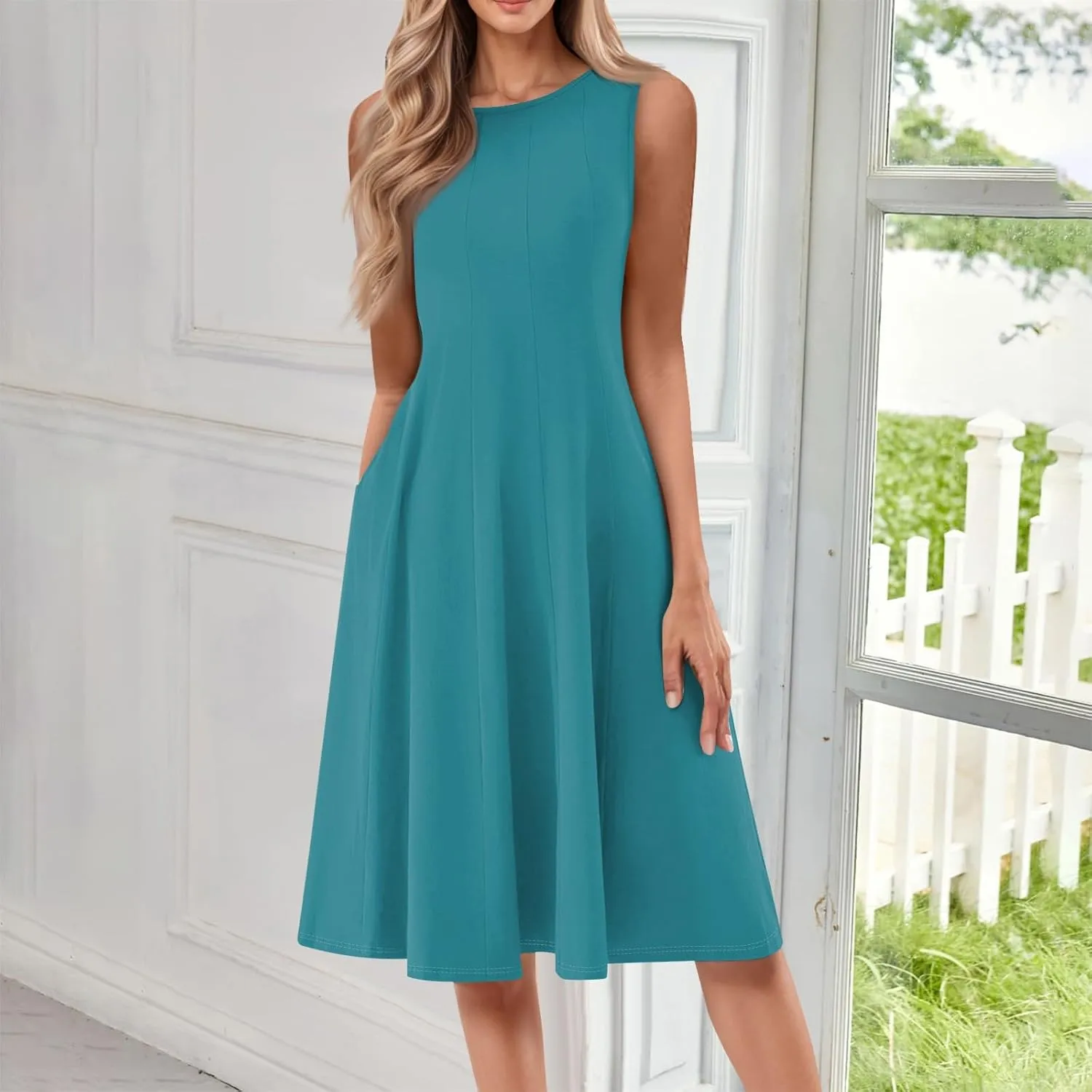 Womens Dresses Summer 2025 Empire Waist Sundresses Tank Dress Sleeveless Floral Dress Ruffle Dresses with Pockets