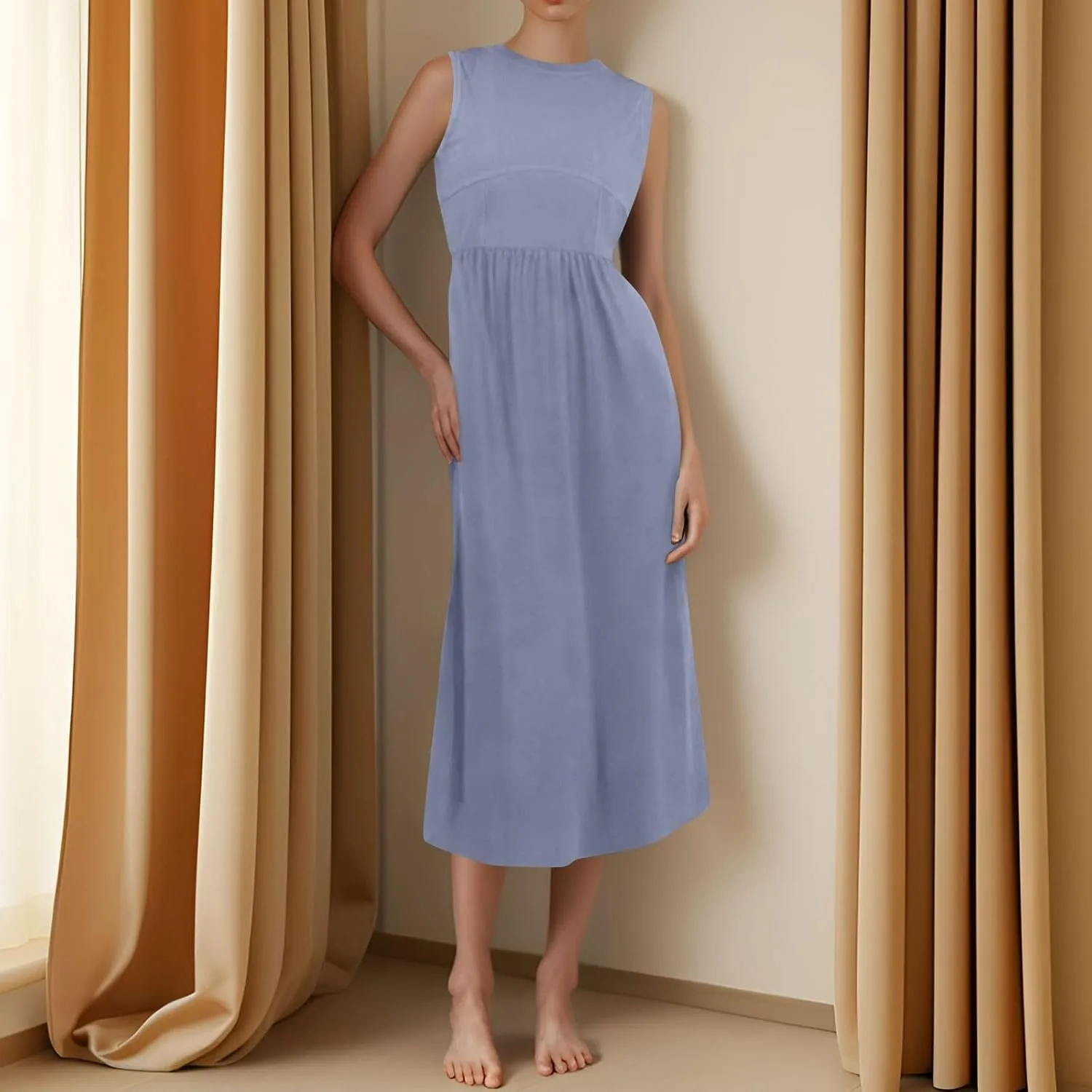 Women's Dresses Summer Tank Dress Sun Dresses Women Casual Smocked Sleeveless Wrap Dress Plus Ruffle with Pocket