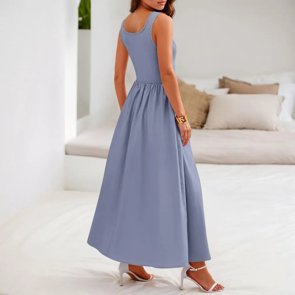 Women's Dresses Summer Tank Dress Sun Dresses Women Casual Smocked Sleeveless Wrap Dress Plus Ruffle with Pocket