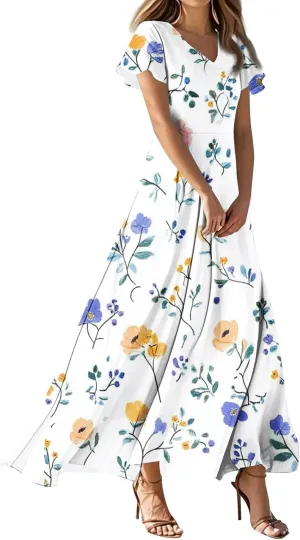 Womens Dresses Summer,Women's Loose Casual V-Neck Short Sleeved High Waisted Print Chiffon Dress