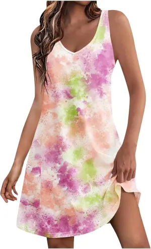 Womens Fashion Sleeveless Sundresses A Line Boho Floral Print Swing Dresses Vintage Loose Fit Tank Dress