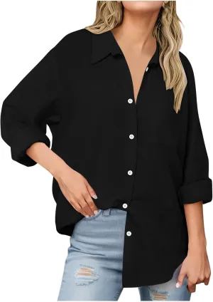 Women's Fashion Solid Cotton Linen Turndown Button Long Sleeve Shirts Summer Casual Loose Office Business Tops 2025