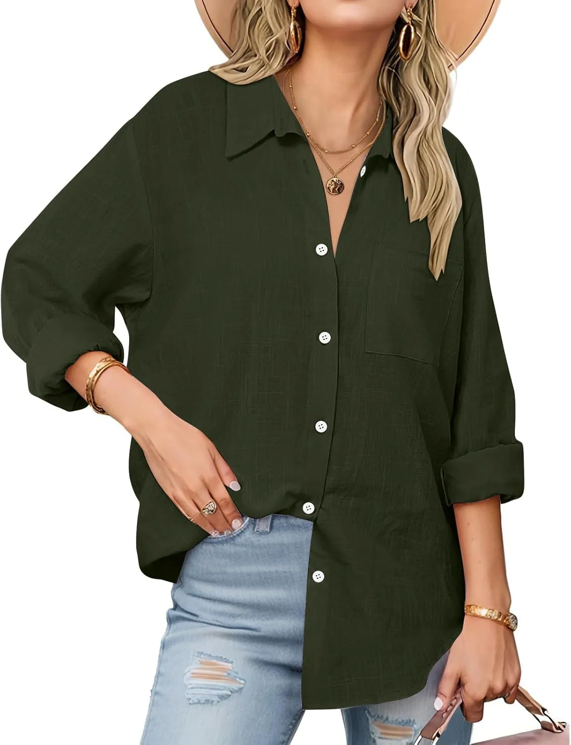 Women's Fashion Solid Cotton Linen Turndown Button Long Sleeve Shirts Summer Casual Loose Office Business Tops 2025