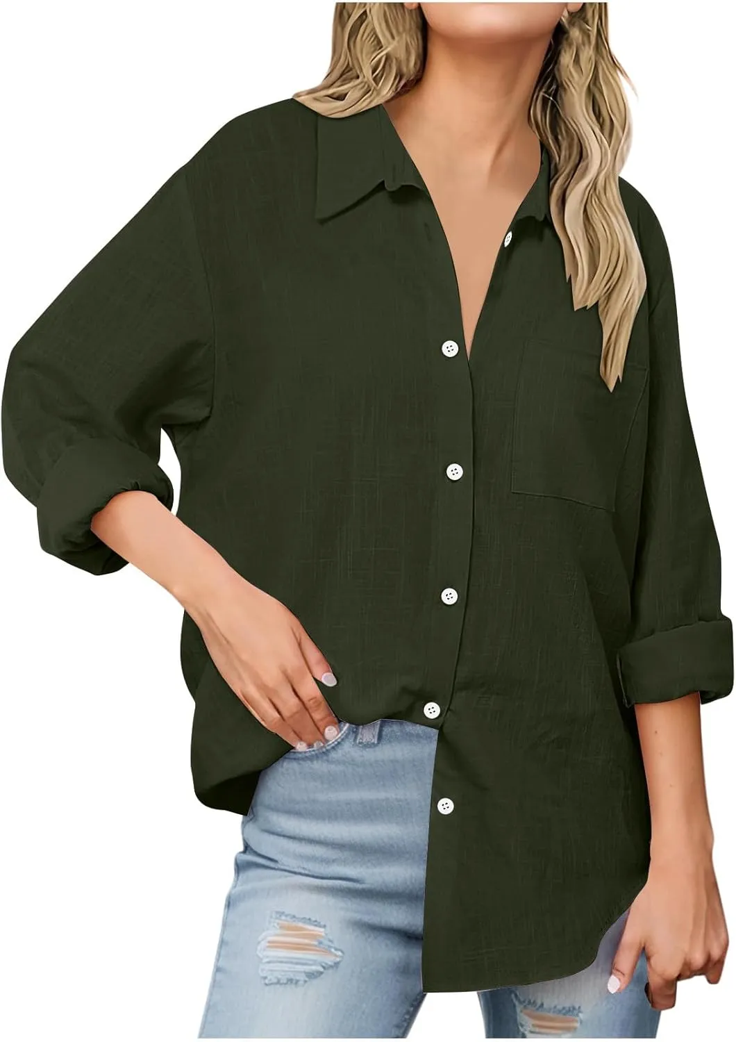 Women's Fashion Solid Cotton Linen Turndown Button Long Sleeve Shirts Summer Casual Loose Office Business Tops 2025